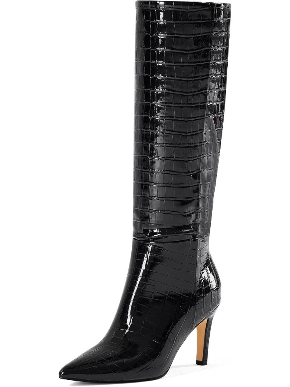 Women's Grain Print Black Fashion Dressy Pointed Toe Wide Calf Knee High Boots
